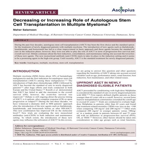 Decreasing or Increasing Role of Autologous Stem Cell Transplantation in Mult...
