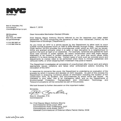 Letters to Department of Buildings regarding After-Hours Variance ...