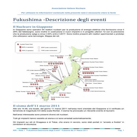 Fukushima, descrizione degli eventi, a cura di AIN