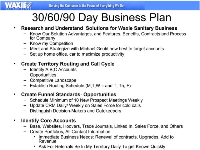 What are some examples of 30-, 60- and 90-day plans?