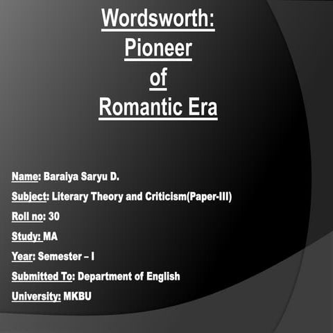 Wordsworth as Pioneer of Romantic Era