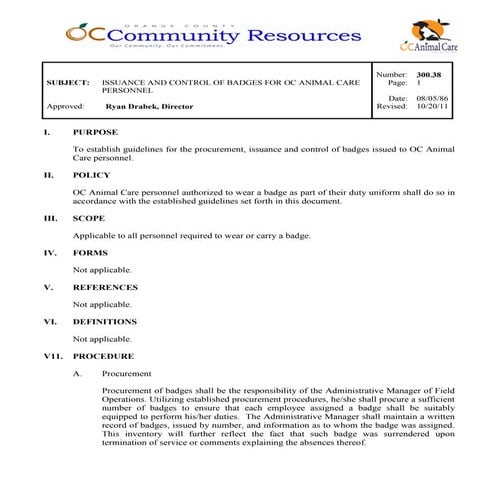 300.38 issuance and control of badges for oc animal care personnel