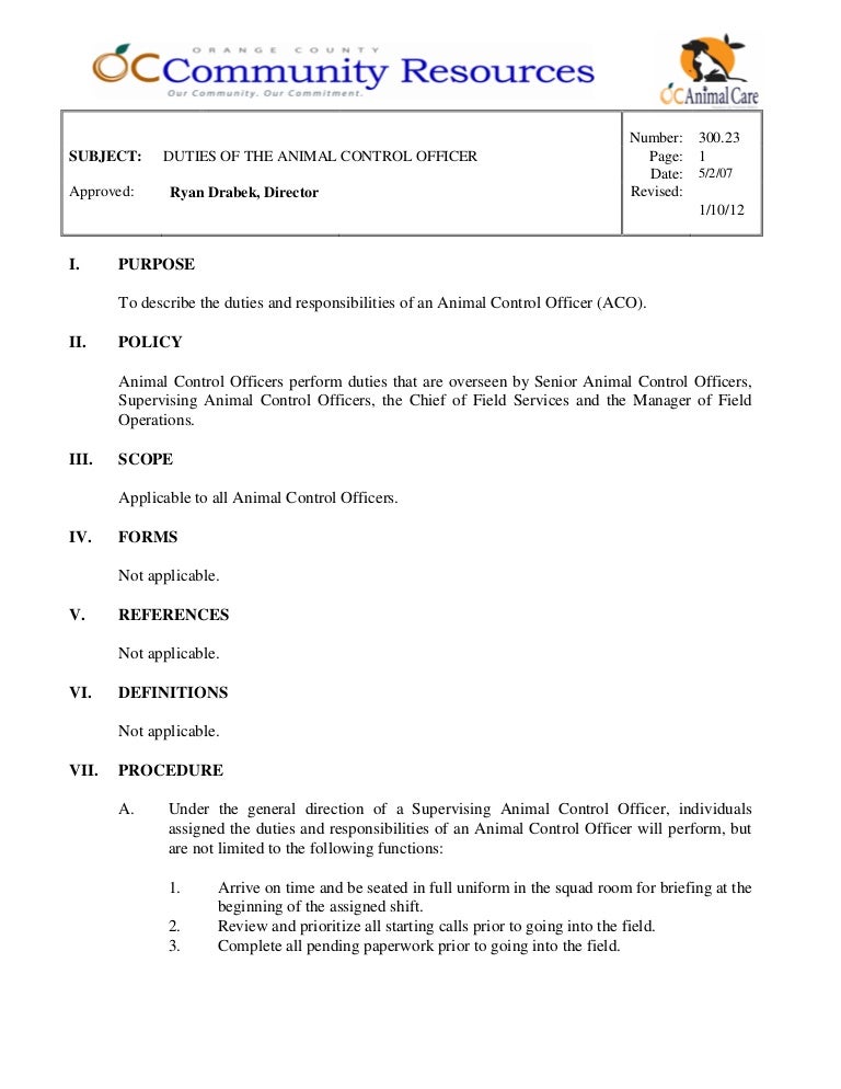 300.23 duties of the animal control officer