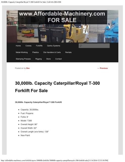 30,000lb CAT Royal T-300 Forklift F...