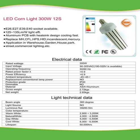 300W LED Corn Light External Power Specification Neutral | PDF