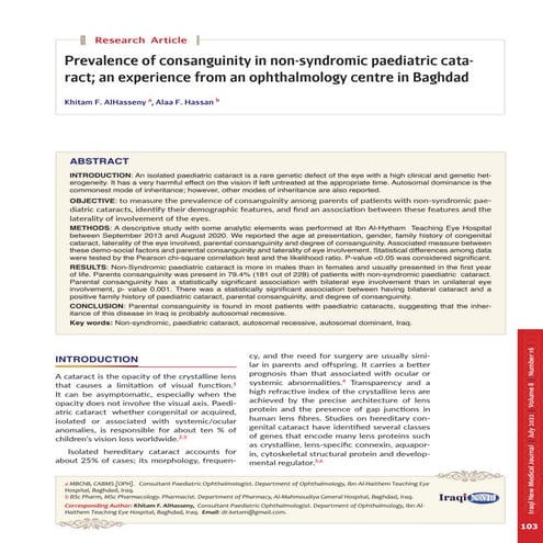Prevalence of consanguinity in non-syndromic paediatric cataract; an experience from an ophthalmology centre in Baghdad
