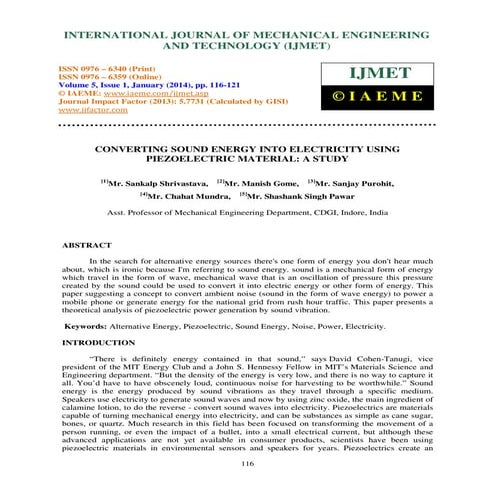 CONVERTING SOUND ENERGY INTO ELECTRICITY USING PIEZOELECTRIC MATERIAL: A STUDY