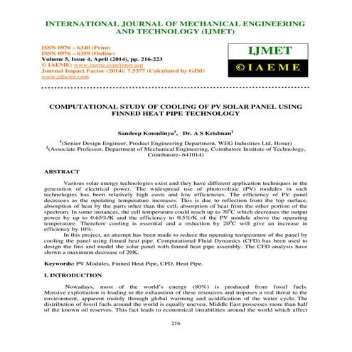 COMPUTATIONAL STUDY OF COOLING OF PV SOLAR PANEL USING FINNED HEAT PIPE ...