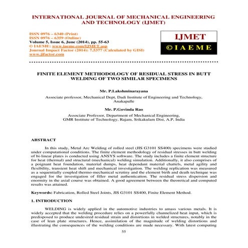 FINITE ELEMENT METHODOLOGY OF RESIDUAL STRESS IN BUTT WELDING OF TWO SIMILAR ...