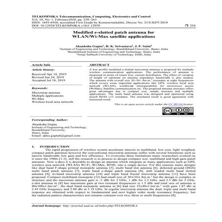 Modified e-slotted patch antenna for WLAN/Wi-Max satellite applications