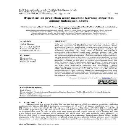 Hypertension prediction using machine learning algorithm among Indonesian adults