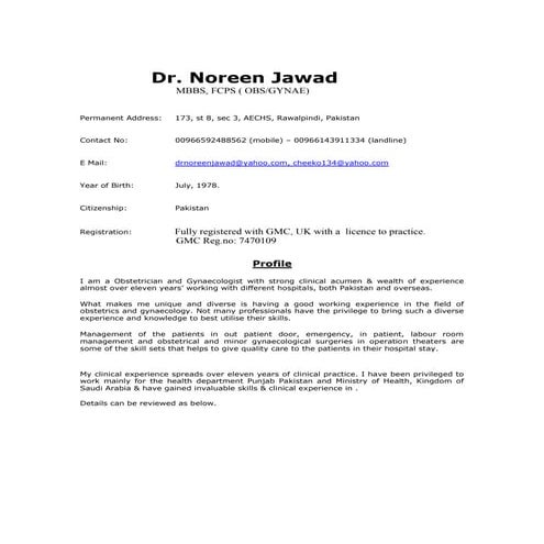 DR NOREEN JAWAD CV PDF