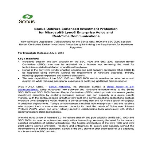 News Release_Sonus SBC 1000 and SBC 2000 Release 3 2_ 7 July 2014 FINAL