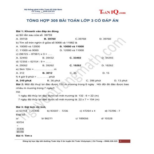 Đề ôn thi Violympic Toán lớp 3 năm 2024 - 2025 | PDF