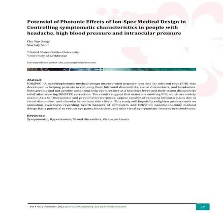 Potential of Photonic Effects of Ion-Spec Medical Design in Controlling sympt...