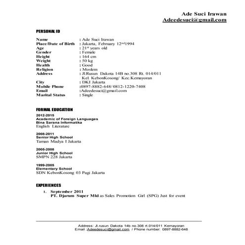 cv biodata febri andini | PDF