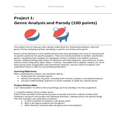 ENGL 309 Project 1 Assignment Sheet: Genre Analysis and Parody | DOCX