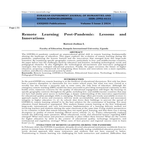 Remote Learning Post Pandemic Lessons And Innovations Pdf