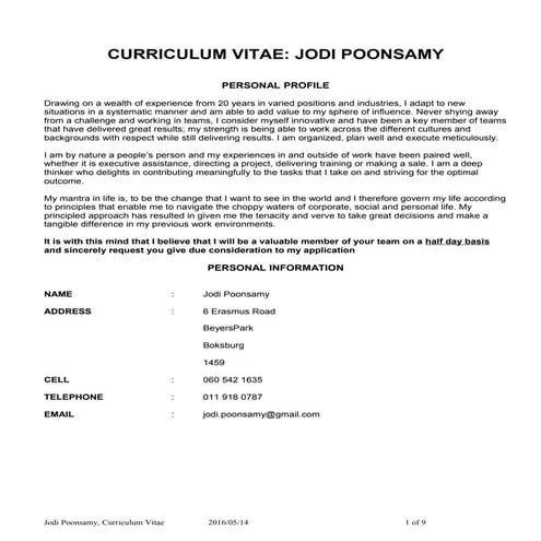 Curriculum vitae - Jodi Poonsamy - Summarized