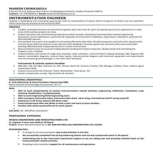 Instrumentation Engineer Resume | DOC