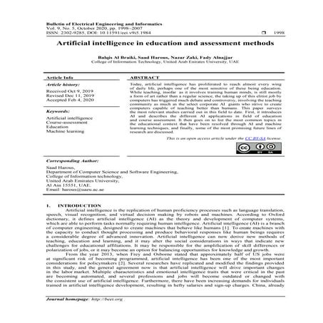 Artificial intelligence in education and assessment methods