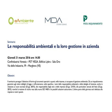 Seminario: Le responsabilità ambientali e la loro gestione in azienda