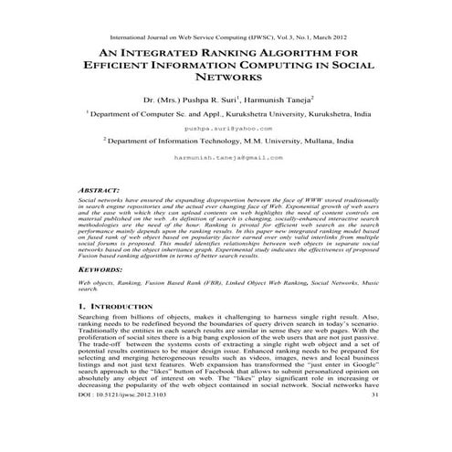 AN INTEGRATED RANKING ALGORITHM FOR EFFICIENT INFORMATION COMPUTING IN SOCIAL...