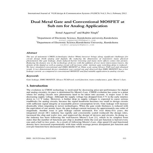 Dual Metal Gate and Conventional MOSFET at Sub nm for Analog Application