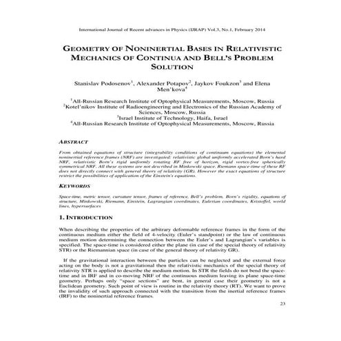 Geometry of Noninertial Bases in Relativistic Mechanics of Continua and Bell'...