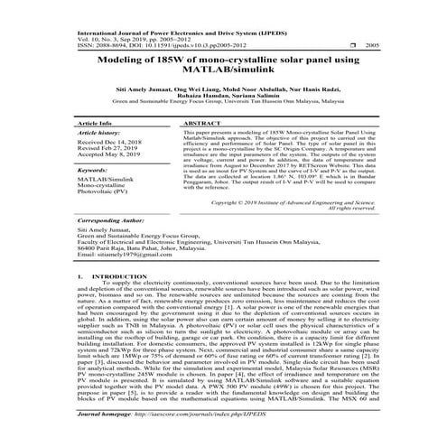 Modeling of 185W of mono-crystalline solar panel using MATLAB/Simulink