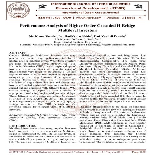 Performance Analysis of Higher Order Cascaded H-Bridge Multilevel Inverters