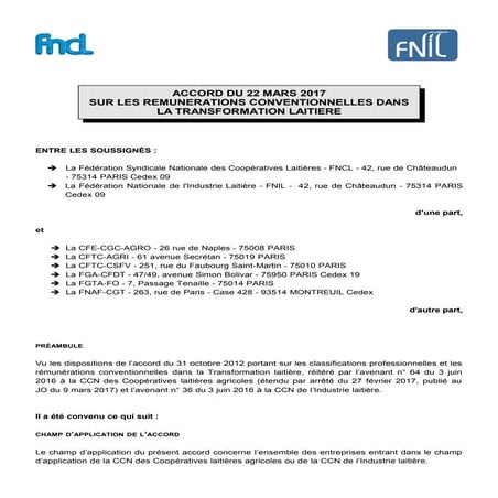 Salaires minima mensuels dans les industries et coopératives laitières