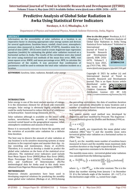 Predictive Analysis of Global Solar Radiation in Awka Using Statistical Error...