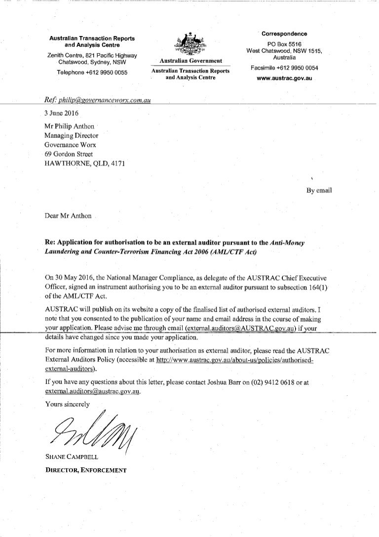 AUSTRAC Letter Of Approval June 2016