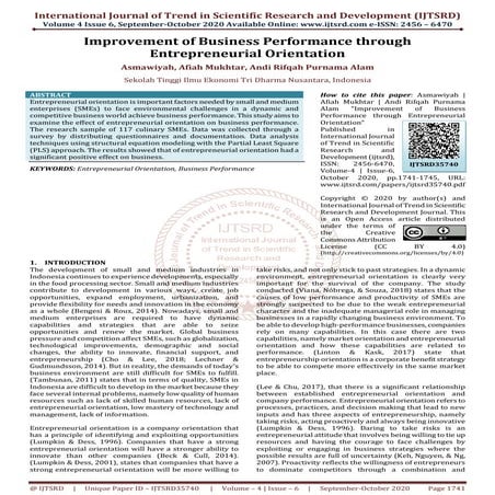 Improvement of Business Performance through Entrepreneurial Orientation
