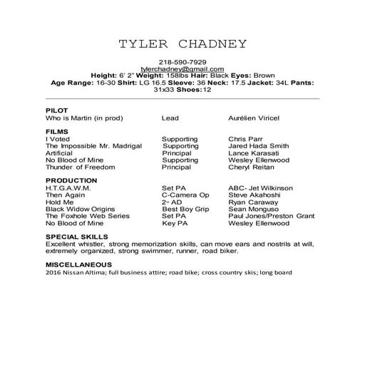 TYLER CHADNEY ACTING RESUME