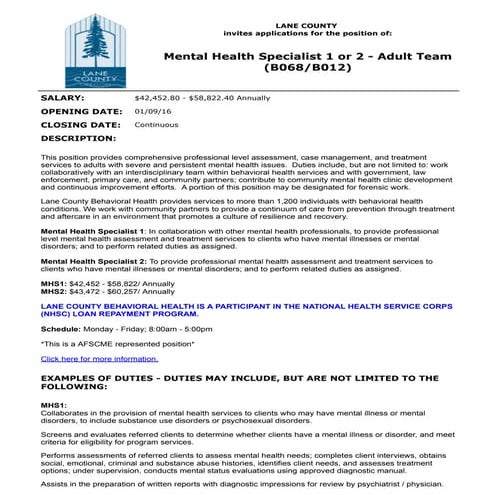 Mental Health Specialist job description