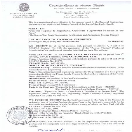 Certificate of Technical Experience issued by CREA of the Northern Extension ...