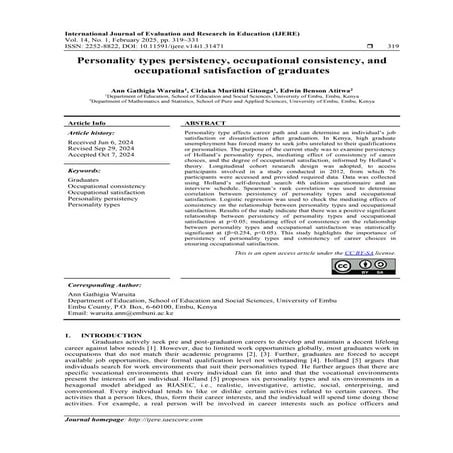 Personality types persistency, occupational consistency, and ...