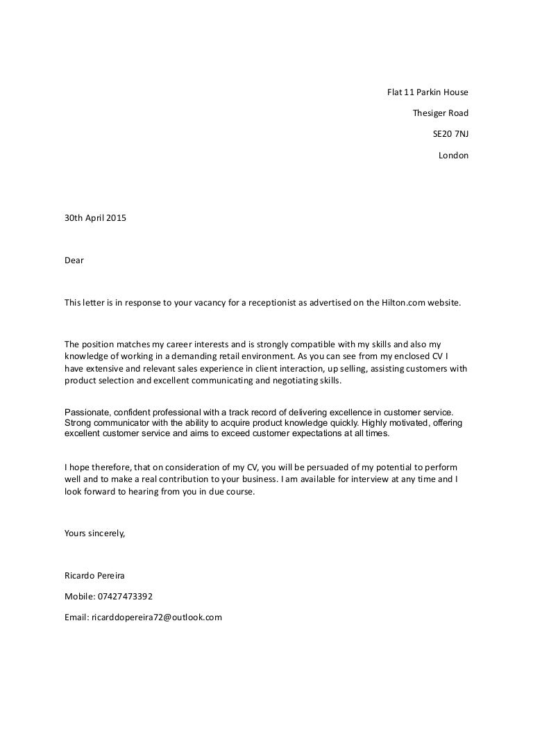 receptionist optical cover letter