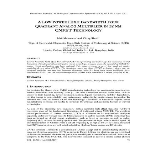 A Low Power High Bandwidth Four Quadrant Analog Multiplier in 32 NM CNFET Tec...