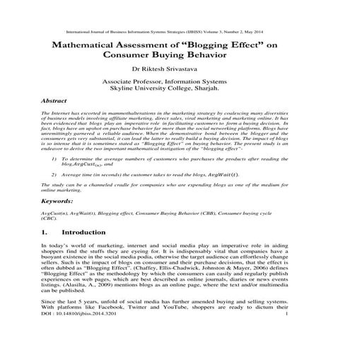 Mathematical Assessment of "Blogging Effect" on Consumer Buying Behavior 