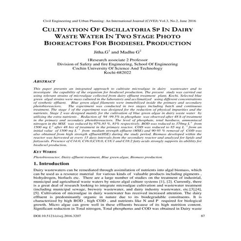 CULTIVATION OF OSCILLATORIA SP IN DAIRY WASTE WATER IN TWO STAGE PHOTO BIOREA...