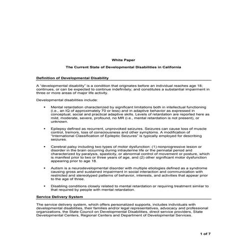 California State Assembly - Select Committee on Disabilities - White Paper