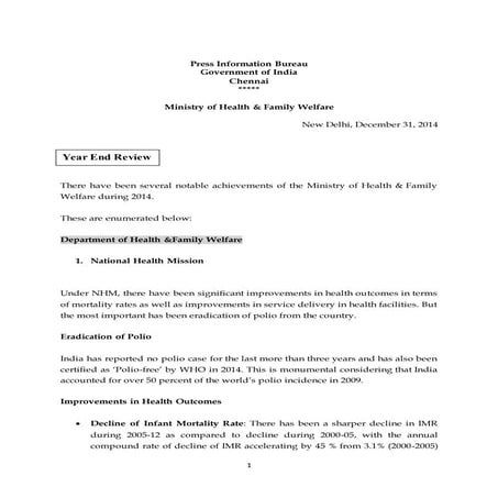 Ministry of Health & Family Welfare, Government of India - Year End Review 2014