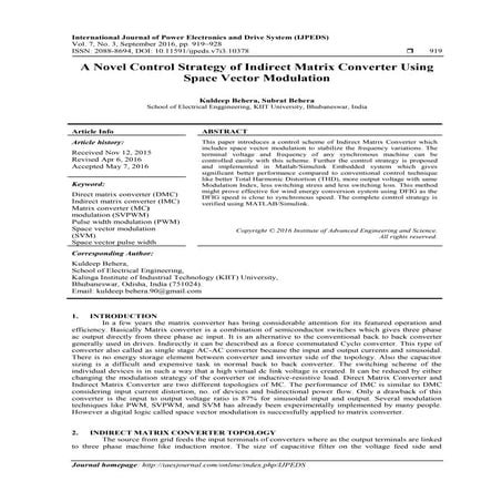 A Novel Control Strategy of Indirect Matrix Converter Using Space Vector Modu...