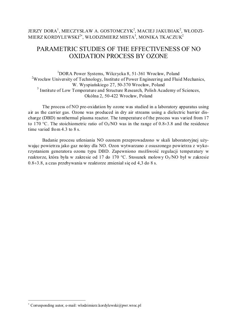 Parametric Studies Of The Effectiveness Of No Oxidation Process By Oz Parametric Studies Of The Effectiveness Of No Oxidation Process By Oz