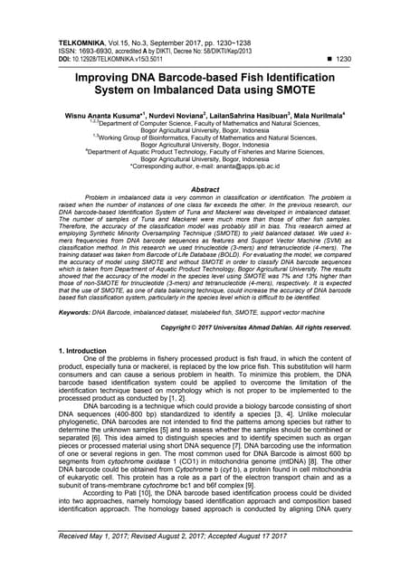 Improving DNA Barcode-based Fish Identification System on Imbalanced Data usi...