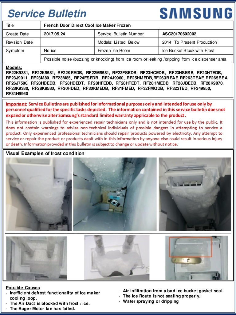 Samsung Fdbm Refrigerators Service Bulletin Ice Makers Freezing Over