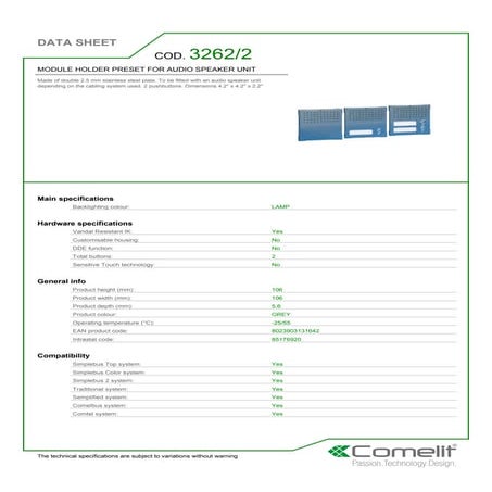 Comelit 32622 Data Sheet